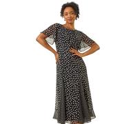 Roman Petite Spot Print Godet Hem Midi Dress In Black Black 10