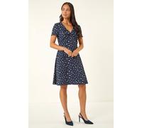 Roman Petite Spot Print Twist Front Dress In Navy Navy 8