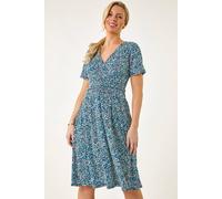 Roman Petite Abstract Gathered Dress for Women UK - Ladies Spring Everyday Summer Holiday V-Neckline Comfy Short Sleeve Soft Wrap Detail Frock Day Out Gowns - Navy - Size 14