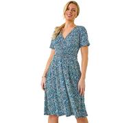 Roman Petite Abstract Gathered Dress for Women UK - Ladies Spring Everyday Summer Holiday V-Neckline Comfy Short Sleeve Soft Wrap Detail Frock Day Out Gowns - Navy - Size 16