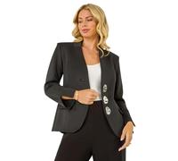 Roman Petite Statement Button Blazer for Women UK - Ladies Everyday Holiday Spring Summer V-Neckline Comfy Soft Evening Vacation Work Party - Petite Black - Size 14