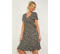 Roman Originals Wrap Tea Dress for Women UK Ladies Fit Flare Skater Swing Stretch Frill Long Sleeve Summer Evening Cocktail Party Work Office Casual Knee Length Midi - Petite Black - Size 18