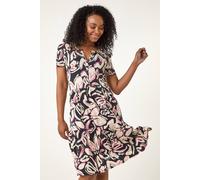 Roman Originals Swing Tea Dress Women UK Ladies Skater Midi A Line Fit & Flare Summer Casual Smart Spring Cocktail Party Going Out Work Cruise Button Through Long Pocket - Petite Black Pink - Size 18