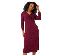 Roman Originals Fit and Flare Dress for Women Ladies Chest Knot Ruched Tea Skater Empire Waist V-Neck Formal Occasion Wedding Guest Smart Casual Swing Midi Knee Length - Petite Wine - Size 16