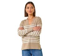 Roman Petite Stripe Collared Knit Jumper for Women UK - Ladies Everyday Autumn Winter V-Neckline Comfy Soft Evening Vacation Work Party Night Out - Beige - Size 12
