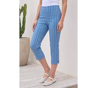 Roman Cropped Trousers for Women UK Ladies Capri Leggings Summer Pants Short Crop Stretch 3/4 Length Three Quarter Pedal Pusher Clothes Elasticated Bengaline Cut Off - Petite Blue Stripe - Size 12