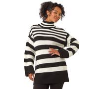 Roman Petite Stripe High Neck Jumper for Women UK - Ladies Everyday Autumn Winter Comfy Soft Evening Vacation Work Party Night Out - Petite Black - Size 16