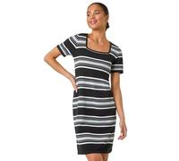 Roman Petite Stripe Knit Dress for Women UK - Ladies Everyday Holiday Spring Summer Square Neckline Comfy Soft Evening Vacation Work Party - Petite Black - Size 16