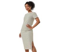 Roman Petite Stripe Knit Midi Stretch Dress for Women UK - Ladies Everyday Holiday Spring Summer Round Neckline Comfy Soft Evening Vacation Work Party - Petite Khaki - Size 16