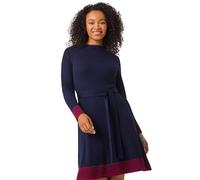 Roman Petite Stripe Knitted Midi Dress for Women UK - Ladies Everyday Autumn Winter Round Neckline Comfy Soft Evening Vacation Work Party Night Out - Petite Navy - Size 18