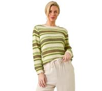 Roman Petite Stripe Print Stretch Knit Jumper for Women UK - Ladies Spring Everyday Summer Break Round Neckline Comfy Long Sleeve Soft Lightweight Top Vacation Sweaters - Petite Khaki - Size 18