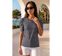 Roman Petite Stripe Ruched Top for Women UK - Ladies Spring Everyday Summer Holiday Round Neckline Comfy Short Sleeve Soft Button Detail Shirt Day Out Blouses - Navy - Size 14