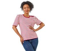 Roman Petite Stripe Ruched Top for Women UK - Ladies Spring Everyday Summer Holiday Round Neckline Comfy Short Sleeve Soft Button Detail Shirt Day Out Blouses - Red - Size 14