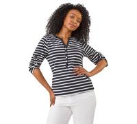 Roman Petite Stripe V-Neck Button Top for Women UK - Ladies Everyday Holiday Spring Summer V-Neckline Comfy Soft Evening Vacation Work Party - Petite Navy - Size 14