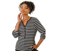 Roman Petite Stripe V-Neck Button Top In Black Black 14