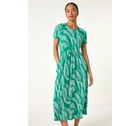 Roman Originals Midi Dress with Pockets For Women UK Ladies Stretchy Jersey Maxi Long Short Sleeve Elasticated Gathered High Waist Boho Flattering Skater Swing Fit Flare - Petite Swirl Green - Size 14