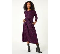 Roman Originals Midi Dress with Pockets for Women UK Ladies Stretchy Jersey Maxi Long 3/4 Length Sleeve Gathered High Waist Boho Flattering Skater Swing Fit Flare - Petite Magenta - Size 16