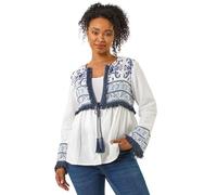 Roman Petite Tassel Detail Jacket for Women UK - Ladies Spring Everyday Summer Holiday Round Neckline Comfy Long Sleeve Soft Tie Front Shacket Beach Vacation Coats - White - Size 16