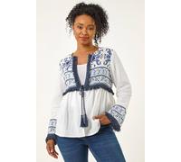 Roman Petite Tassel Detail Jacket for Women UK - Ladies Spring Everyday Summer Holiday Round Neckline Comfy Long Sleeve Soft Tie Front Shacket Beach Vacation Coats - White - Size 16