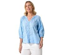 Roman Petite Textured Cotton Blouse for Women UK - Ladies Spring Everyday Summer Holiday V-Neckline Comfy 3/4 Sleeve Soft Lightweight Shirt Beach Vacation Tops - Petite Blue - Size 16