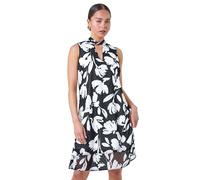 Roman Petite Textured Spot Floral Dress for Women UK - Ladies Spring Everyday Summer Holiday Halterneck Comfy Sleeveless Soft Knee Length Frock Dinner Date Gowns - Black - Size 16