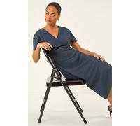 Roman Petite Textured V-Neck Stretch Midi Dress In Dark Blue Dark Blue 14