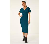 Roman Petite Textured V-Neck Stretch Midi Dress In Teal Teal 14