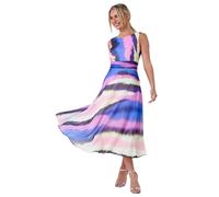Roman Petite Sleeveless Abstract Print Midi Dress for Women UK - Ladies Spring Everyday Summer Holiday Round Neckline Comfy Back Zip Soft Fit & Flare Frock Vacation Date Gowns - Purple - Size 16