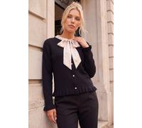 Roman Women's Petite Tie Neck Frill Hem Cardigan Sweater in Black | Size: 16