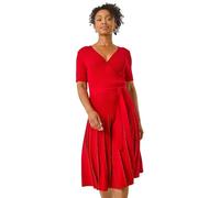 Roman Petite Tie Waist Knitted Dress for Women UK - Ladies Everyday Autumn Winter V-Neckline Comfy Soft Evening Vacation Work Party Night Out - Petite Red - Size 16
