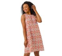 Roman Petite Tile Print Swing Dress for Women UK - Ladies Everyday Holiday Spring Summer Round Neckline Comfy Soft Evening Vacation Work Party - Petite Orange - Size 18