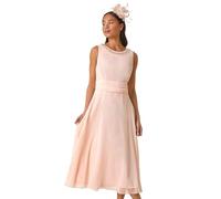 Roman Petite Trim Detail Ruched Midi Dress for Women UK - Ladies Everyday Holiday Spring Summer Round Neckline Comfy Soft Evening Vacation Work Party - Petite Light Pink - Size 14