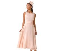 Roman Petite Trim Detail Ruched Midi Dress for Women UK - Ladies Everyday Holiday Spring Summer Round Neckline Comfy Soft Evening Vacation Work Party - Petite Light Pink - Size 16