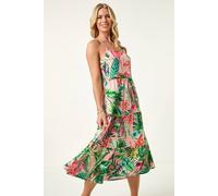 Roman Petite Tropical Strappy Tiered Dress for Women UK - Ladies Everyday Holiday Spring Summer Square Neckline Comfy Soft Evening Vacation Work Party - Petite Pink - Size 18