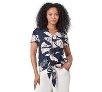 Roman Originals Women Knot Tie Hem Top - Ladies Blouse Shirt Burnout Print Summer Sleeveless Short Sleeve Spring Everyday Holiday Notch Neckline Comfy Soft Relaxed - Petite Navy - Size 16
