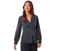 Roman Petite Twist Front Chiffon Sleeve Stretch Top for Women UK - Ladies Autumn Everyday Winter Holiday V-Neckline Comfy Long Sleeve Soft Knot Detail Blouse Dinner Out Shirts - Teal - Size 16