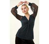 Roman Petite Twist Front Chiffon Sleeve Stretch Top for Women UK - Ladies Autumn Everyday Winter Holiday V-Neckline Comfy Long Sleeve Soft Knot Detail Blouse Dinner Out Shirts - Teal - Size 12