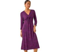 Roman Originals Fit and Flare Dress for Women Ladies Chest Twist Knot Ruched Tea Skater Empire Waist Wedding Guest Smart Casual Swing Midi 3/4 Long Sleeve Knee Length - Petite Purple - Size 12