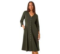 Roman Petite V-Neck Button Detail Stretch Dress for Women UK - Ladies Autumn Everyday Winter Holiday V-Neckline Comfy 3/4 Sleeve Soft Fit & Flare Frock Office Desk Gowns - Khaki - Size 14