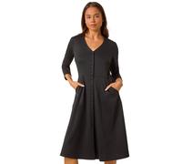 Roman Petite V-Neck Button Detail Stretch Dress for Women UK - Ladies Autumn Everyday Winter Holiday V-Neckline Comfy 3/4 Sleeve Soft Fit & Flare Frock Office Desk Gowns - Black - Size 14