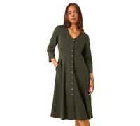 Roman Petite V-Neck Button Detail Stretch Dress for Women UK - Ladies Autumn Everyday Winter Holiday V-Neckline Comfy 3/4 Sleeve Soft Fit & Flare Frock Office Desk Gowns - Khaki - Size 14