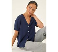 Roman Petite V-Neck Button Through Blouse for Women UK - Ladies Everyday Autumn Winter V-Neckline Comfy Soft Evening Vacation Work Party Night Out - Navy - Size 14
