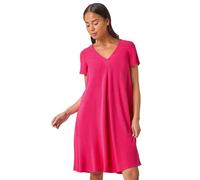Roman Petite V-Neck Swing Pocket Dress for Women UK - Ladies Spring Everyday Summer Holiday Stretch Jersey Comfy Short Sleeve Soft Knee Length Frock Day Out Gowns - Cerise - Size 18