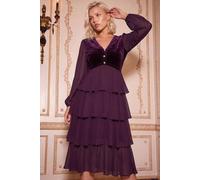 Roman Petite Velvet Tiered Midi Stretch Dress In Plum Plum