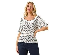 Roman Petite Wave Print V-Neck Knit Jumper for Women UK - Ladies Everyday Holiday Spring Summer V-Neckline Comfy Soft Evening Vacation Work Party - Petite White - Size 14