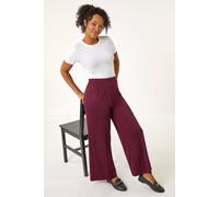 Roman Originals Wide Leg Ponte Stretch Trouser for Women UK Ladies Autumn Everyday Winter Holiday Elasticated Waist Comfy Pocket Detail Soft Jersey Bottoms Office Desk Pants - Wine - Size 10