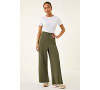 Roman Petite Wide Leg Stretch Trouser for Women UK - Ladies Everyday Autumn Winter Comfy Soft Evening Vacation Work Party Night Out - Petite Khaki - Size 16