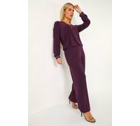 Roman Petite Wide Leg Stretch Trouser In Plum Plum