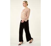 Roman Wide Leg Velvet Stretch Trousers for Women UK - Ladies Autumn Everyday Winter Holiday High Waisted Comfy Pull On Soft Pants Warm Feel Bottoms - Petite Black - Size 8