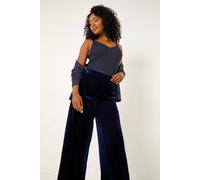 Roman Wide Leg Velvet Stretch Trousers for Women UK - Ladies Autumn Everyday Winter Holiday High Waisted Comfy Pull On Soft Pants Warm Feel Bottoms - Petite Midnight Blue - Size 12